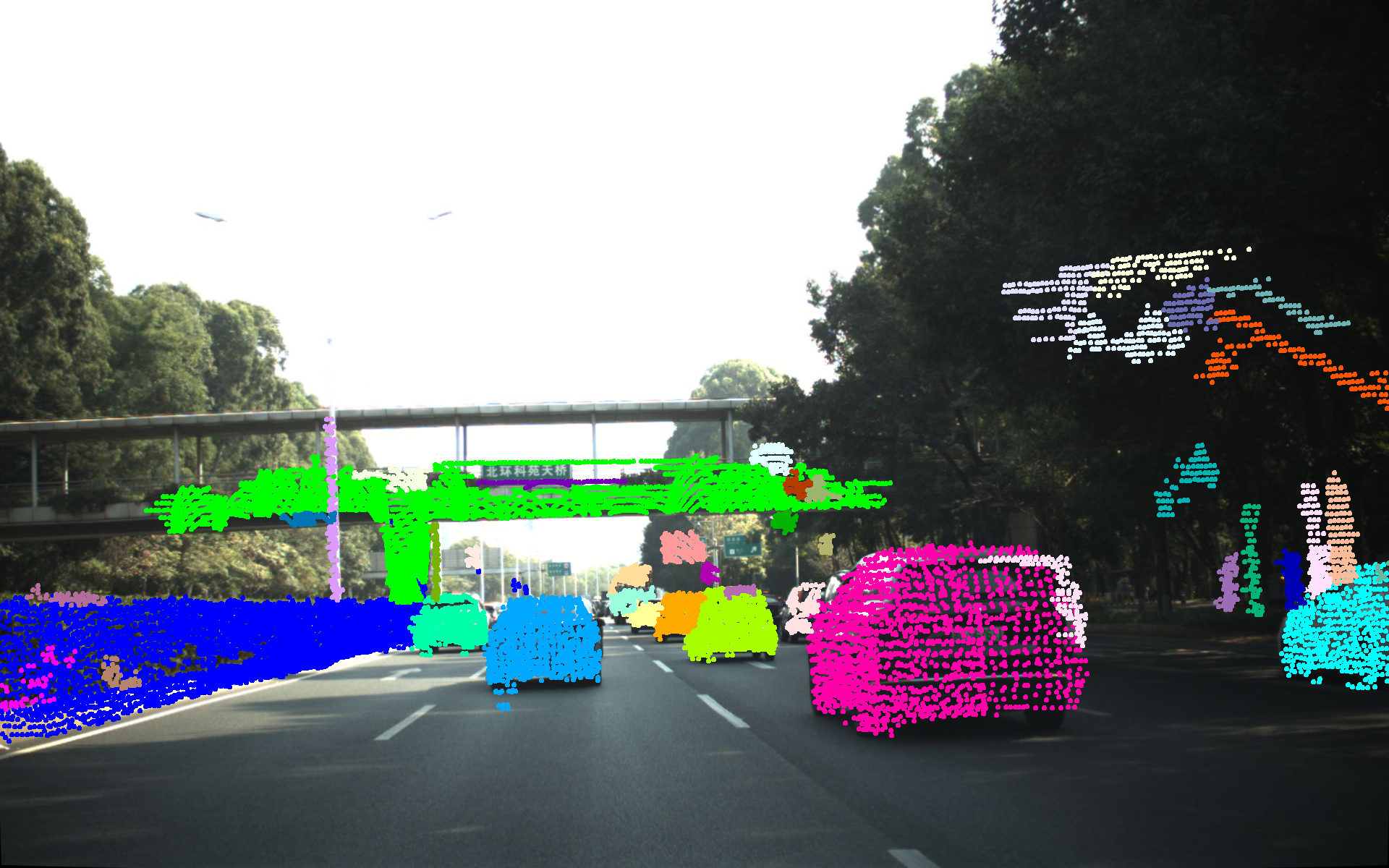 Projected point cloud on RGB image showing LiDAR-camera calibration quality
